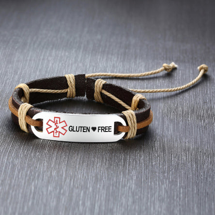 Leather Medical ID Bracelet - Gluten  ❤ Free