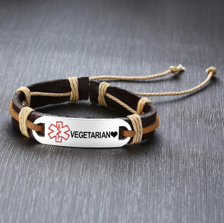 Leather Medical ID Bracelet - Vegetarian  ❤ Love